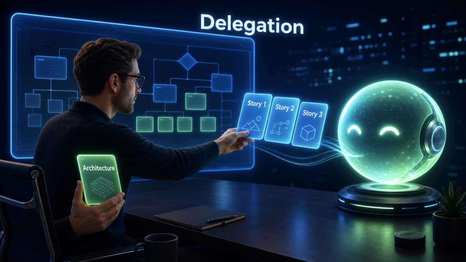 A professional hands three glowing story cards across to a friendly AI orb while keeping the architecture card in hand
