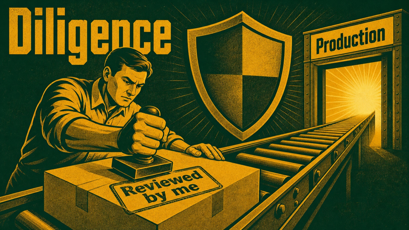 A worker presses a stamp reading reviewed by me onto a package on a conveyor belt rolling toward a doorway marked production