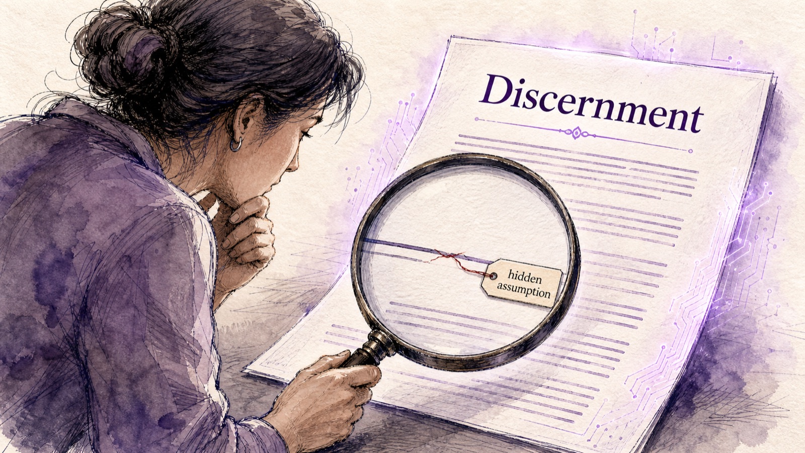 A reviewer studies a polished AI-produced document through a magnifying glass that reveals a flaw tagged hidden assumption