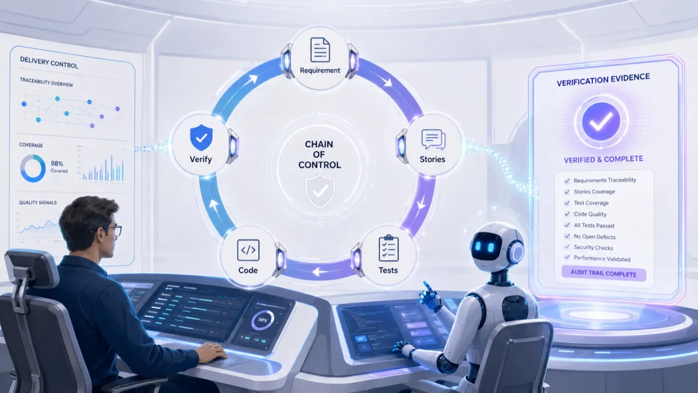 A chain of control links requirement, stories, tests, code, and verification, producing traceable verification evidence