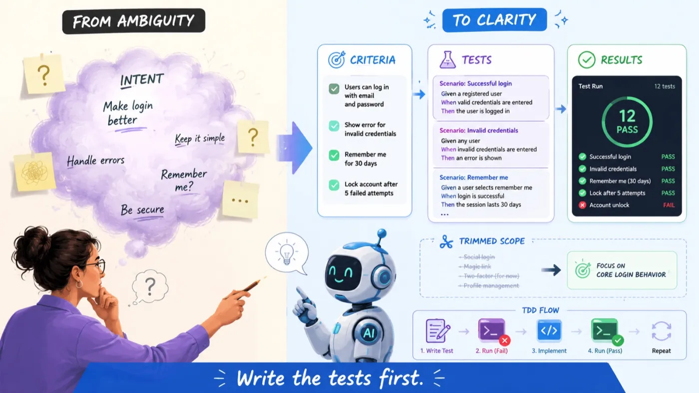 Vague intent becomes clear acceptance criteria, then tests, then passing results, with scope trimmed to core behaviour