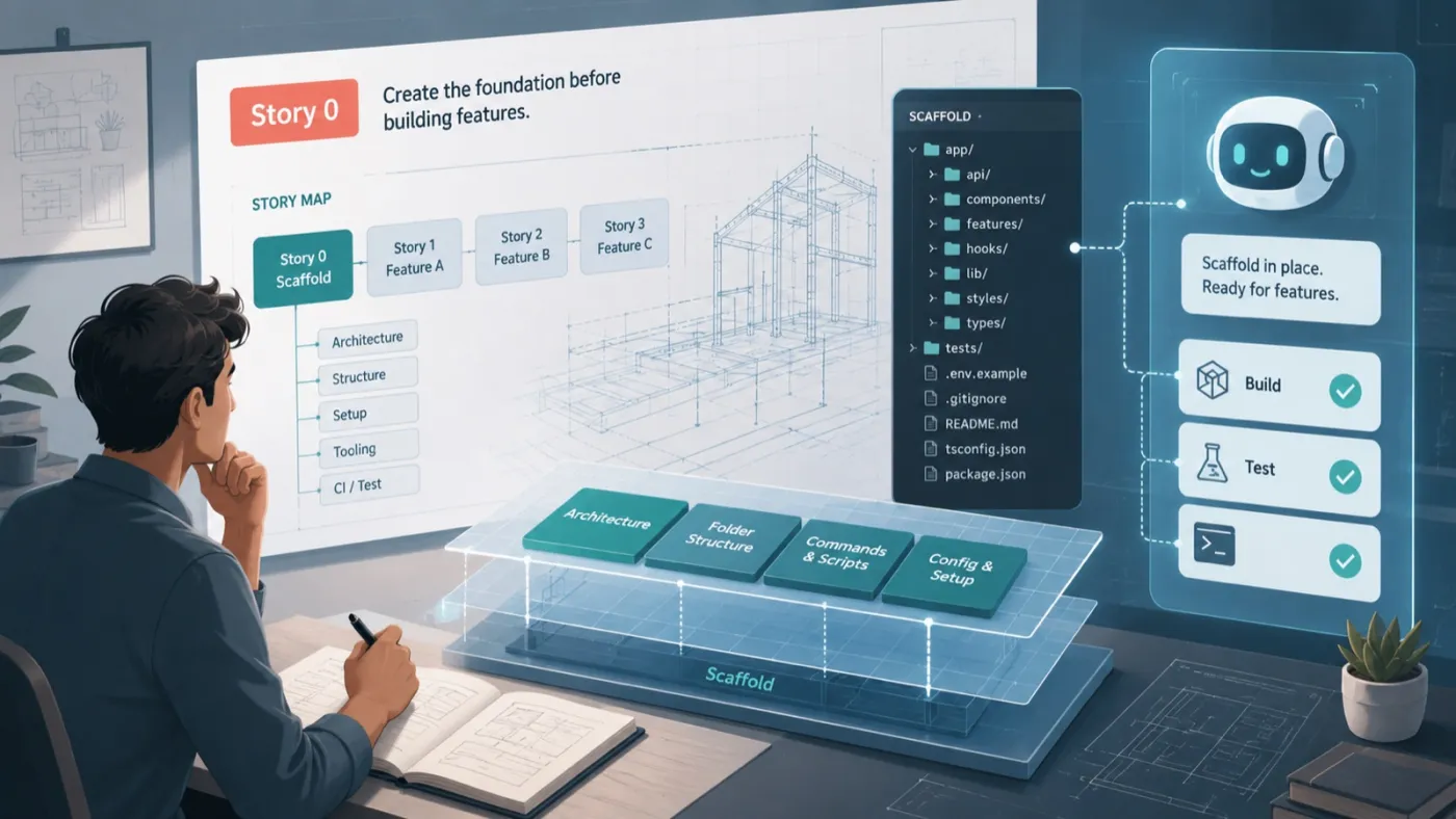 Story 0 sets up the project scaffold (architecture, folder structure, tooling, build and test) before any feature work begins