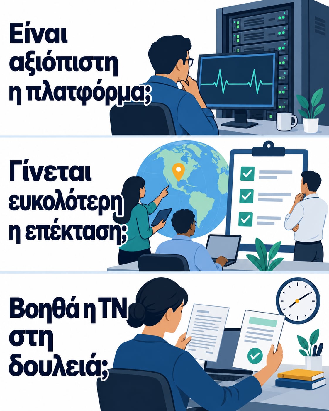 Τρία ερωτήματα για τα επιχειρηματικά αποτελέσματα: είναι αξιόπιστη η πλατφόρμα; Γίνεται ευκολότερη η επέκταση; Βοηθά η τεχνητή νοημοσύνη στη δουλειά; Μηχανικοί και εργαζόμενοι εξετάζουν συστήματα, ετοιμότητα νέων αγορών και συνόψεις υποθέσεων.