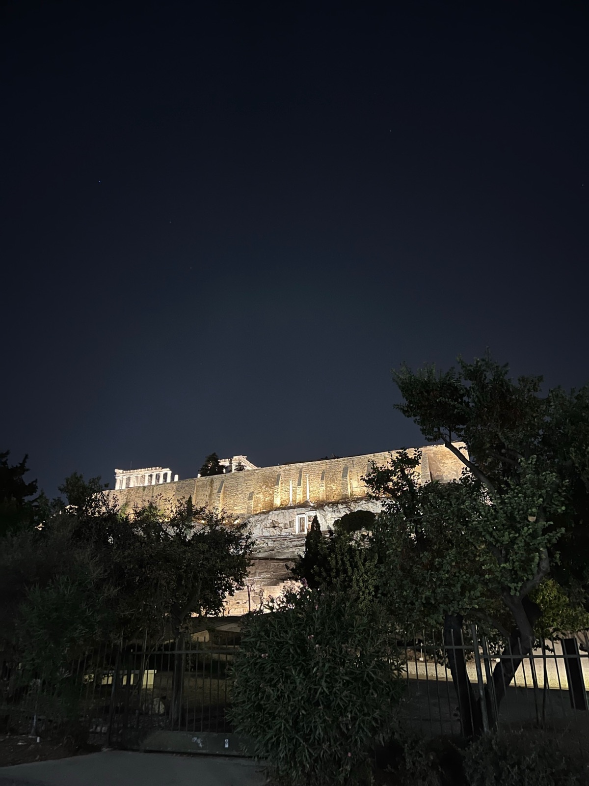 The floodlit walls and temples of the Acropolis at night, seen from below through dark trees