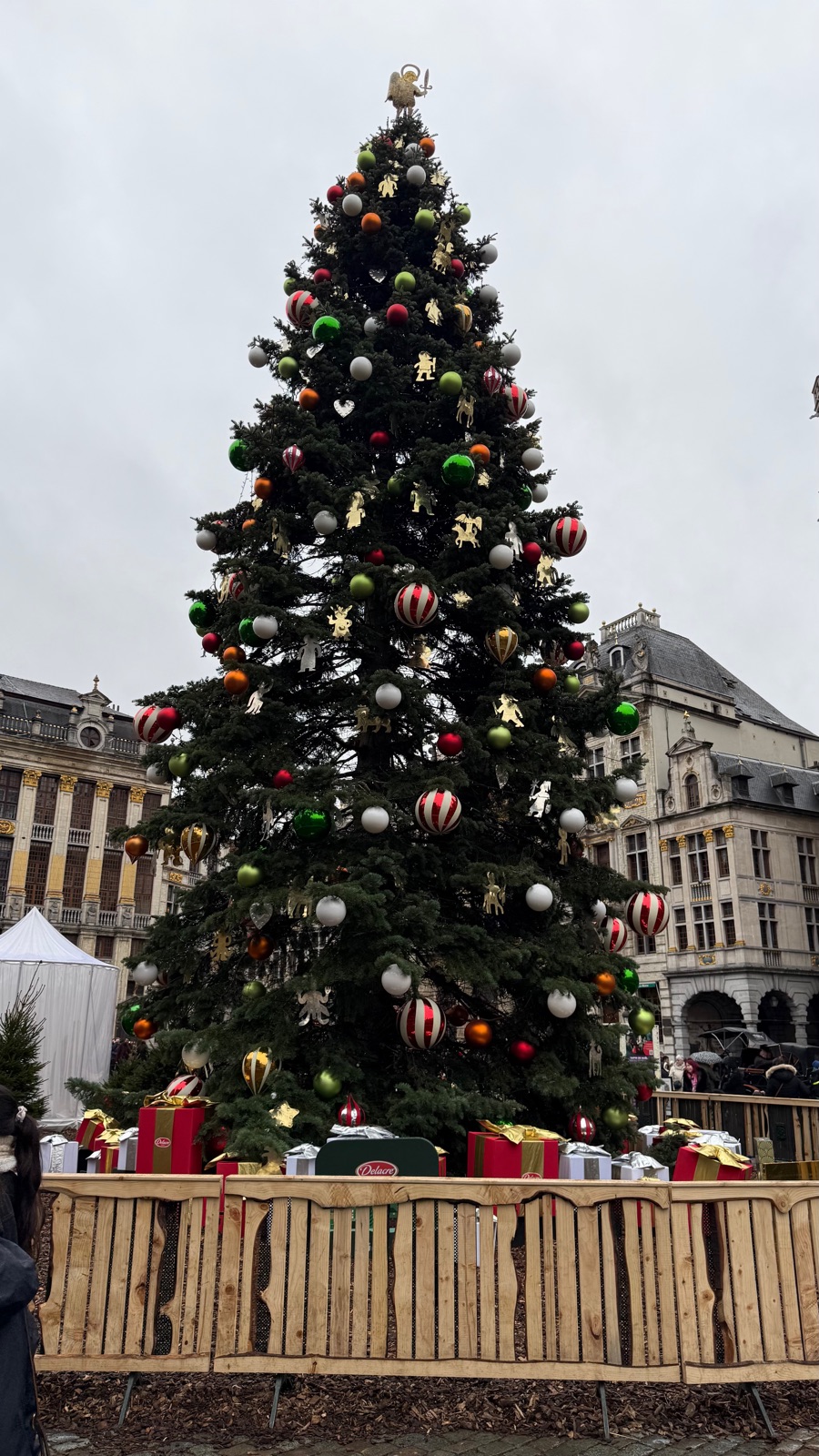 Το ψηλό χριστουγεννιάτικο δέντρο στην Grand Place στο φως της μέρας, στολισμένο με κόκκινες και λευκές ριγέ μπάλες και τυλιγμένα δώρα στη βάση του, επιχρυσωμένα σπίτια συντεχνιών πίσω