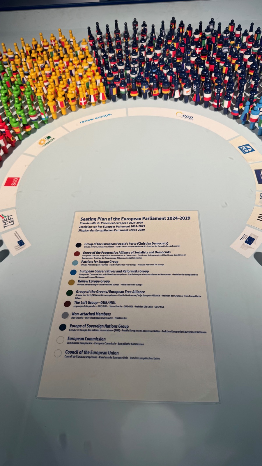 Ένα τυπωμένο φύλλο με τίτλο Seating Plan of the European Parliament 2024-2029 με χρωματικά κωδικοποιημένο διάγραμμα ολομέλειας, περιτριγυρισμένο από μικρές φιγούρες ζωγραφισμένες με τις σημαίες των κρατών μελών της ΕΕ σε καμπύλες σειρές