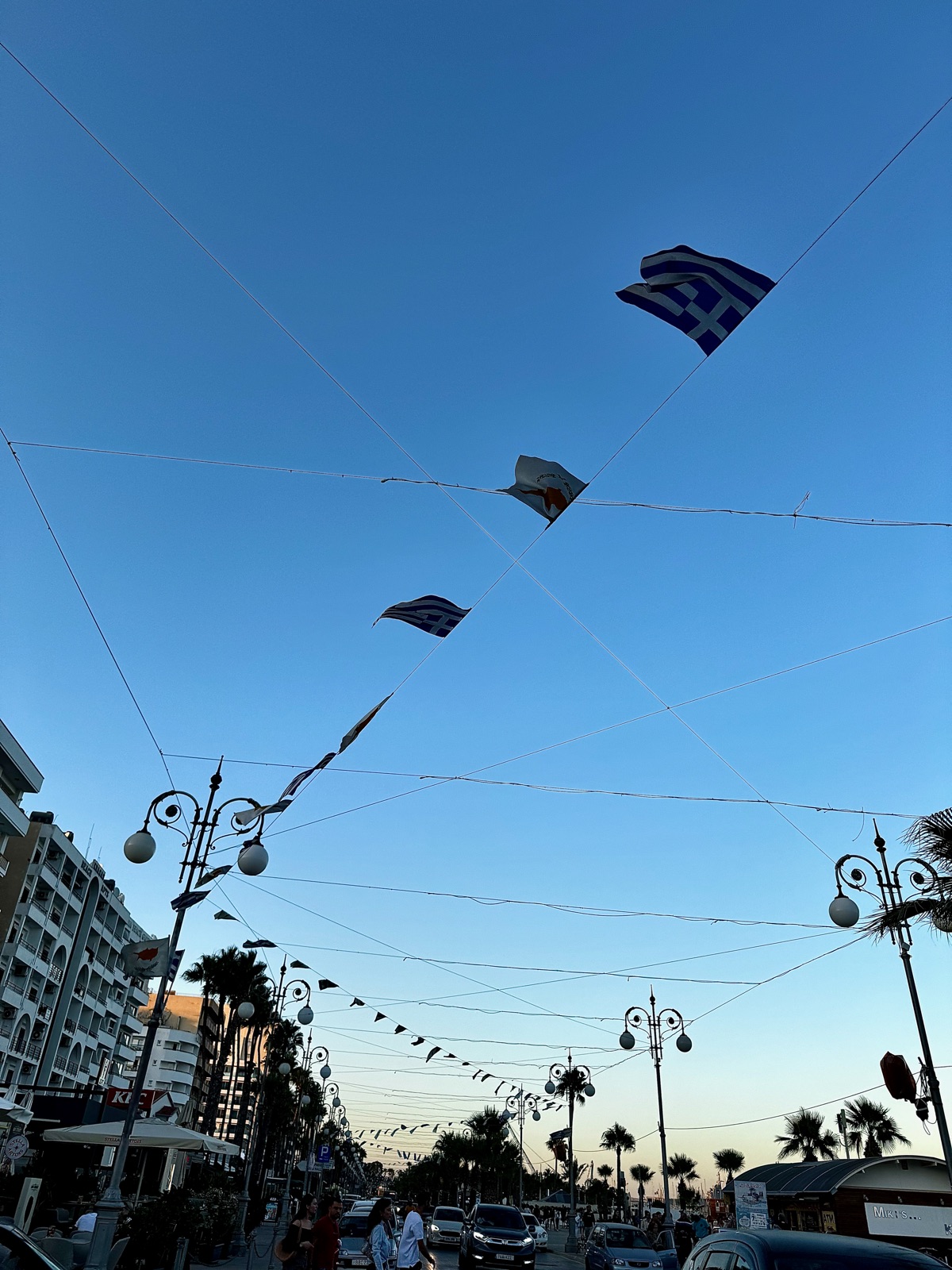 Ελληνικές και κυπριακές σημαίες κρεμασμένες σε καλώδια ψηλά πάνω από τον παραλιακό δρόμο της Λάρνακας το σούρουπο, φοίνικες από κάτω