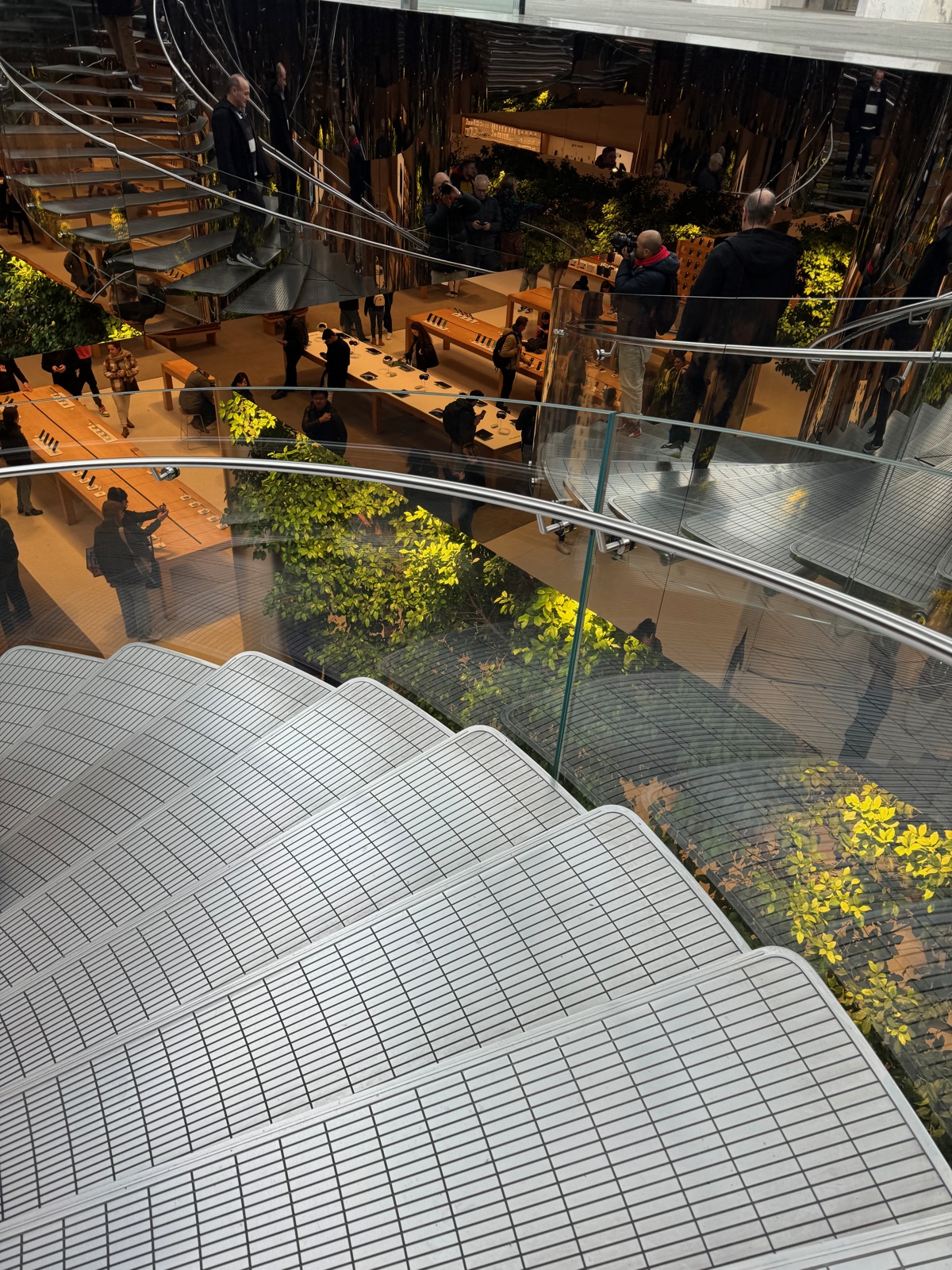 Looking down the curved glass staircase of the Fifth Avenue Apple Store into the sunken store below, with trees and tables around the floor