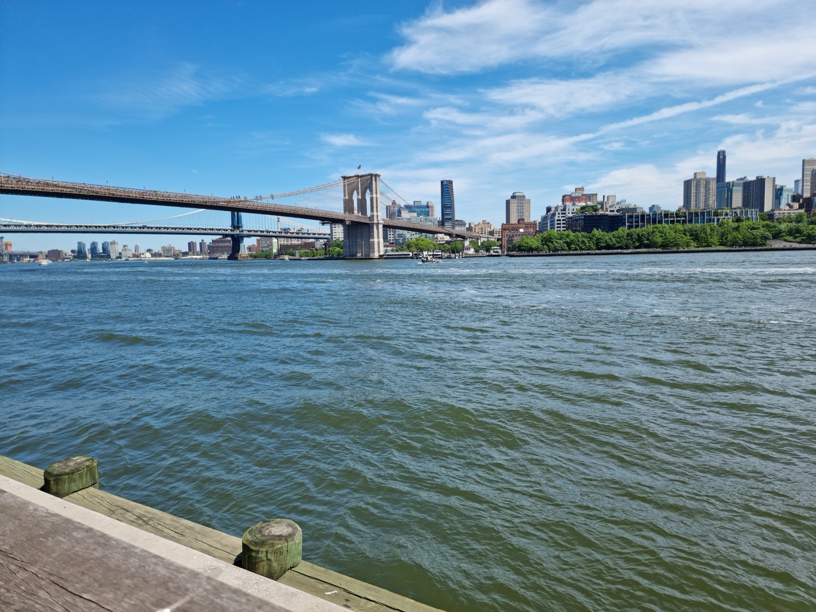 The Brooklyn Bridge seen along the East River in summer with green trees on the near bank and the Manhattan Bridge behind it