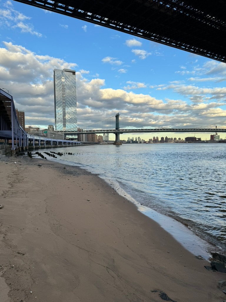 A small sandy beach on the East River beneath the Brooklyn Bridge, the Manhattan Bridge and a glass tower across the water