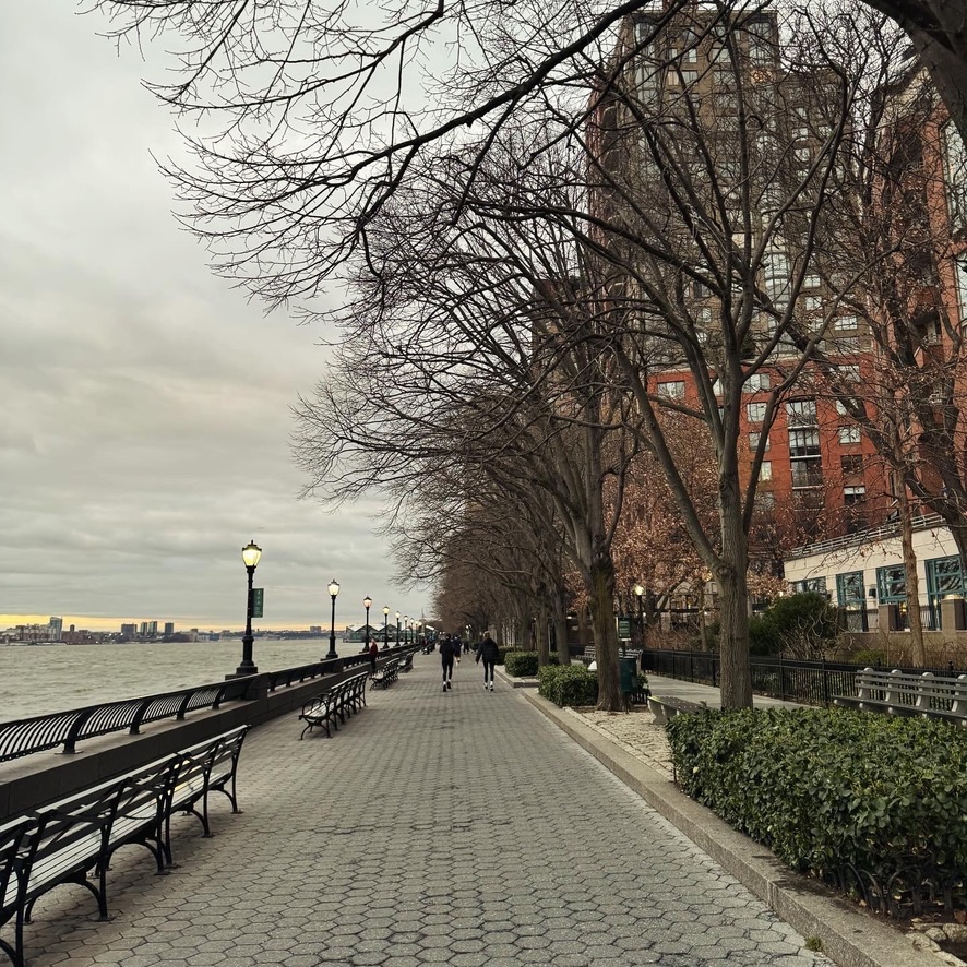 The Battery Park City Esplanade along the Hudson, a tree-lined brick promenade with benches and old-fashioned lamp posts under a soft grey sky
