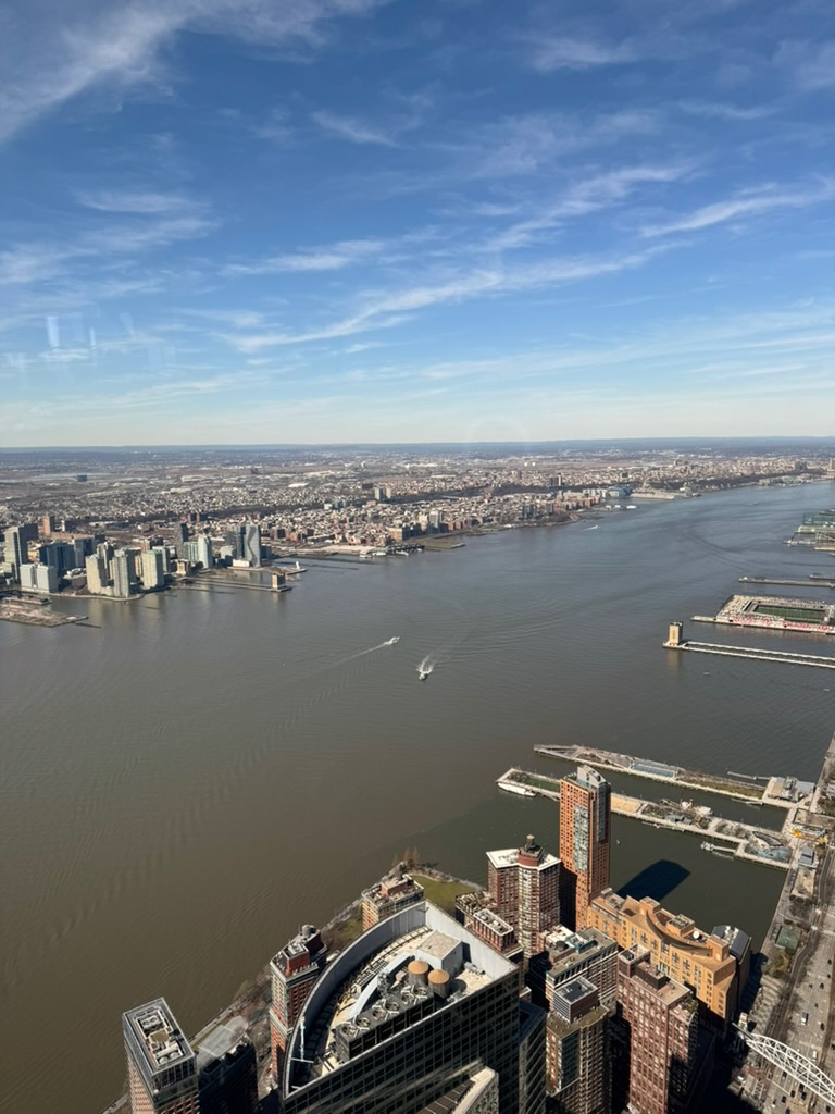 Aerial view from One World Observatory looking south over New York harbour, the rivers and far shore stretching to the horizon