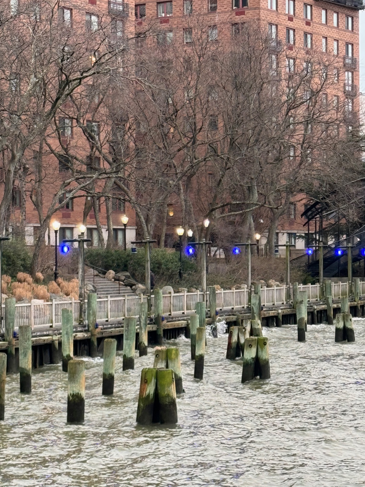 A field of green-stained wooden pier stumps standing in choppy water below a red-brick waterfront building and bare trees