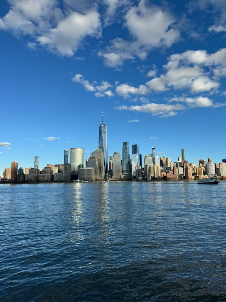 Lower Manhattan skyline under a bright blue sky with scattered clouds, One World Trade at the centre