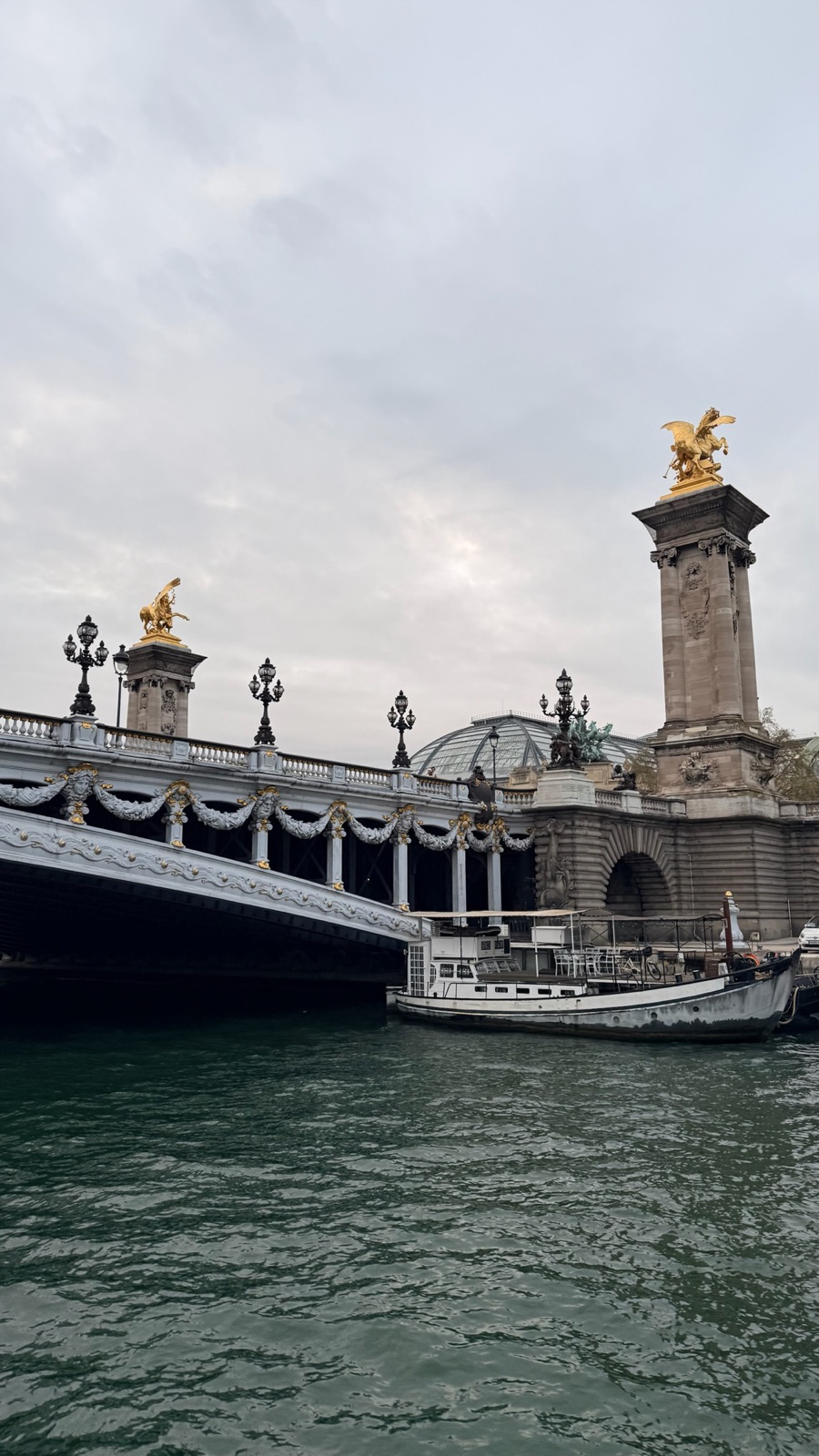 Η Pont Alexandre III με γιρλάντες στις αψίδες και περίτεχνους φανοστάτες, με επιχρυσωμένα αγάλματα φτερωτών αλόγων στους πέτρινους πυλώνες της, και τον γυάλινο τρούλο του Grand Palais πίσω